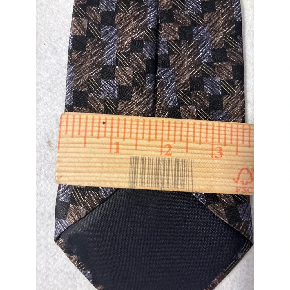 Hill & Archer Silk‎ Necktie Mens OS Brown Blue Geometric Block Pattern USA Made